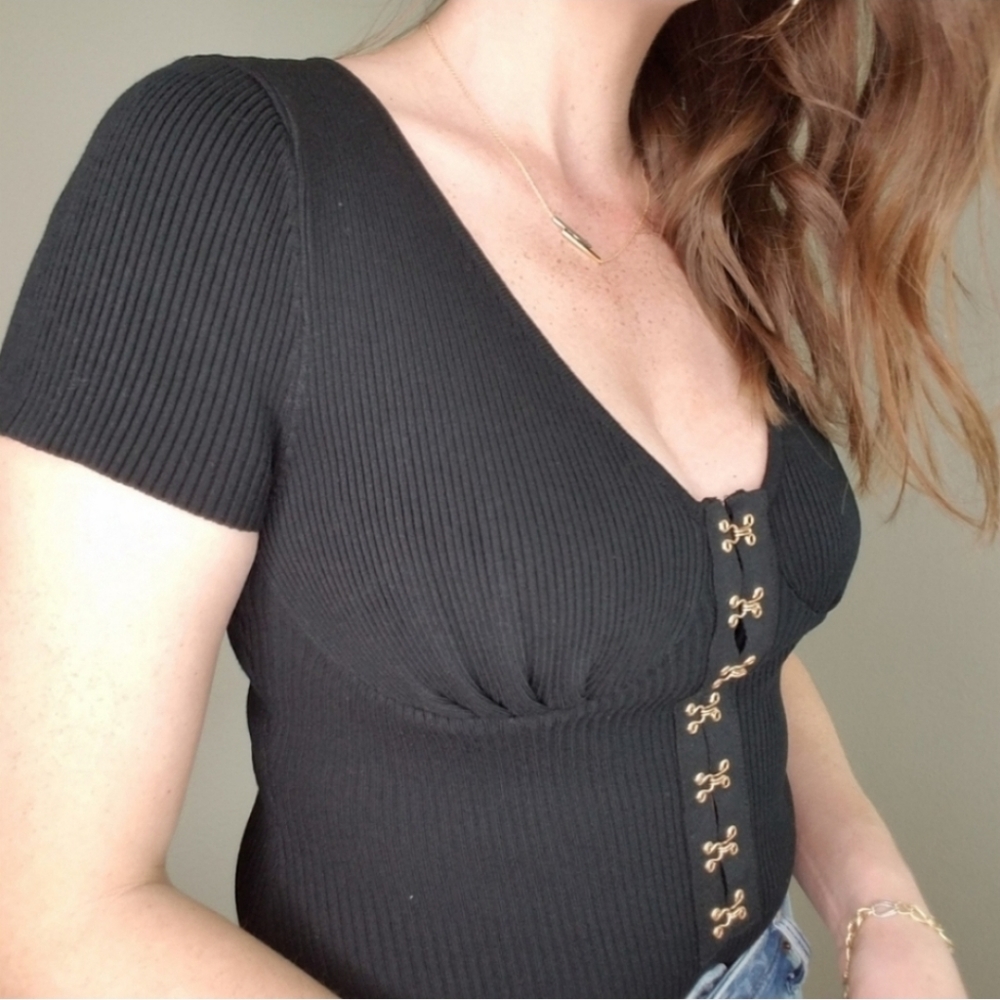 Black Stretchy Ribbed Short Sleeve Thong Bodysuit